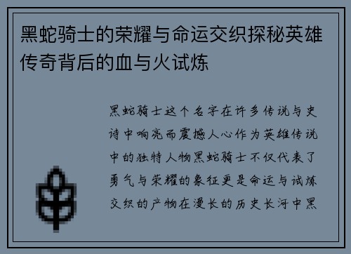 黑蛇骑士的荣耀与命运交织探秘英雄传奇背后的血与火试炼