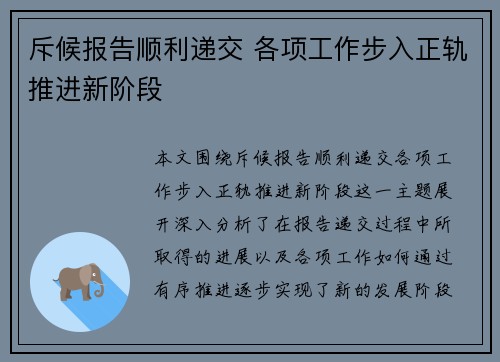 斥候报告顺利递交 各项工作步入正轨推进新阶段